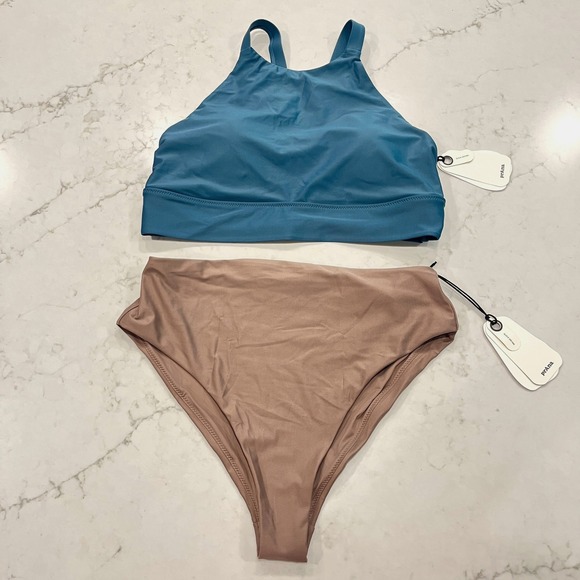 Prana Other - Prana NEW Bikini Set High Neck Top High Rise Bottom Womens M‎ Blue Tan Athletic
